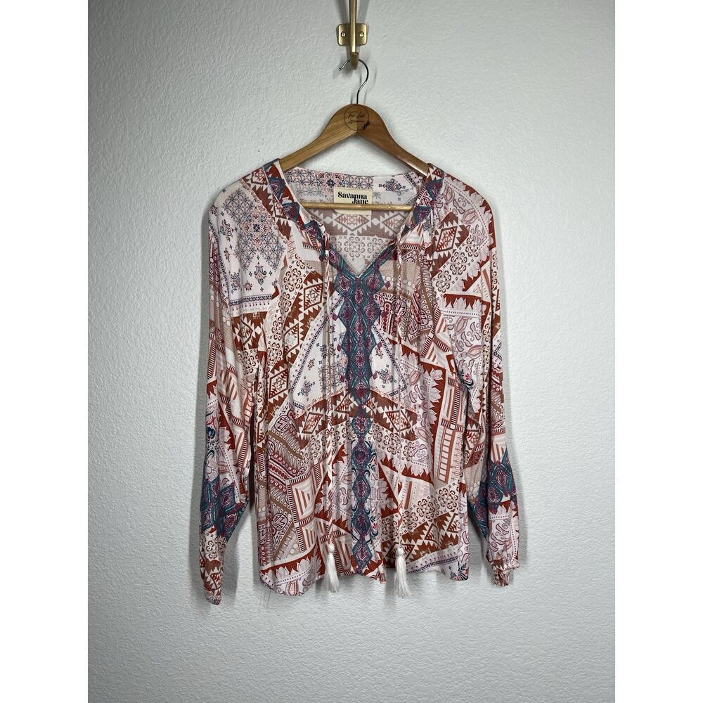 Savanna Jane Embroidered Long Sleeve Top Small Colorful Tassels Boho